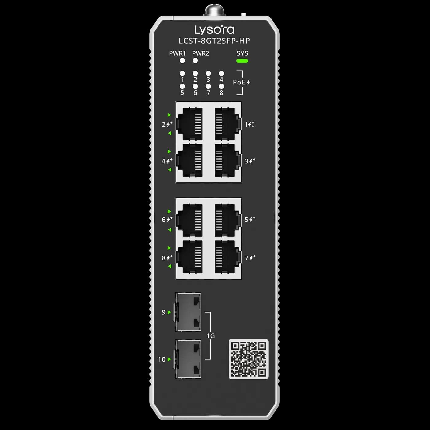 Lysora LCST-8GT2SFP-HP 8-Port Industrial Cloud Managed PoE Switch, front view