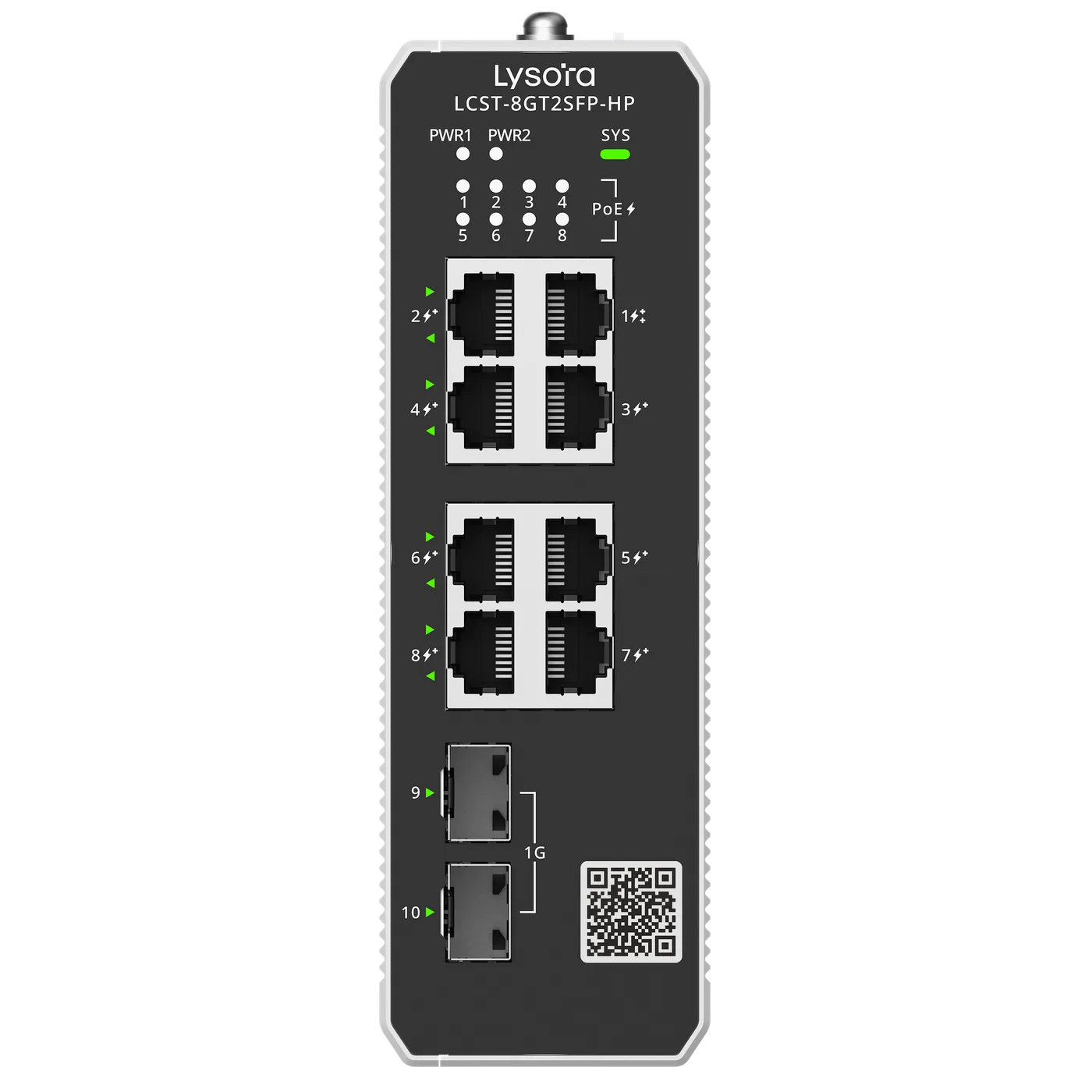 Lysora LCST-8GT2SFP-HP 8-Port Industrial Cloud Managed PoE Switch, front view