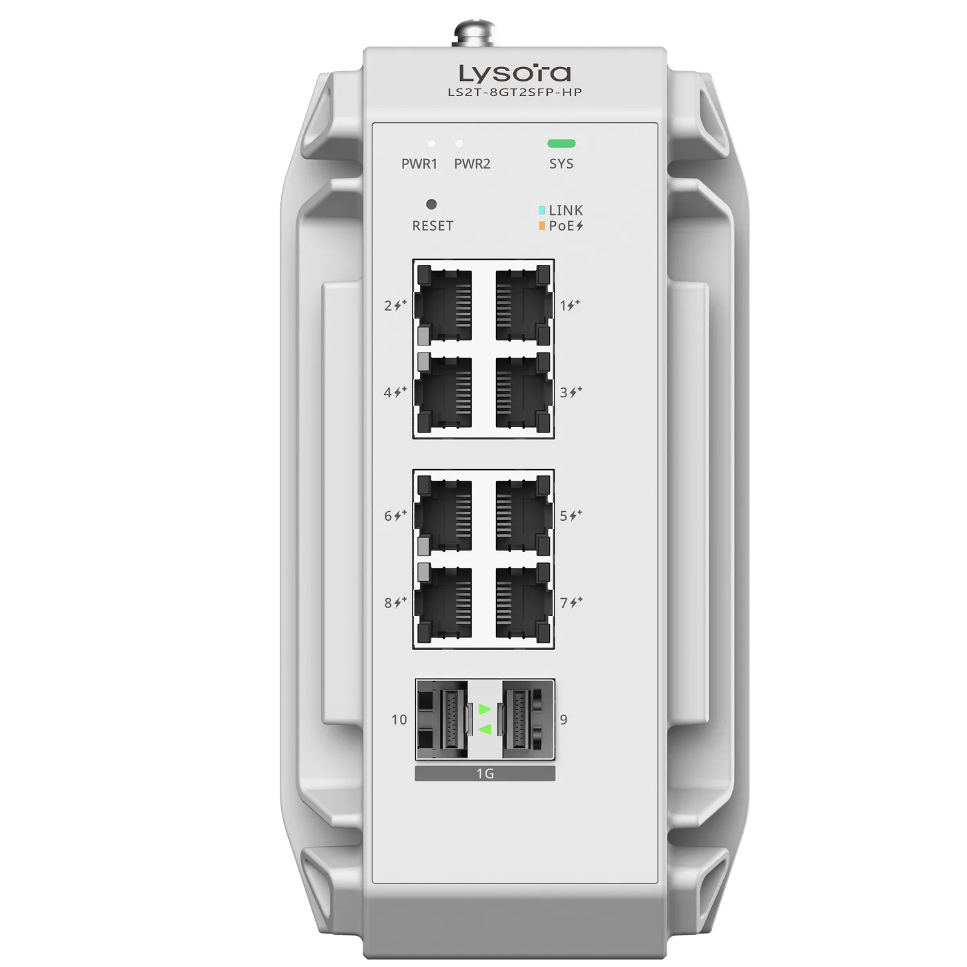 Lysora LS2T-8GT2SFP-HP 8-Port Industrial Layer 2 Managed PoE Switch, front view