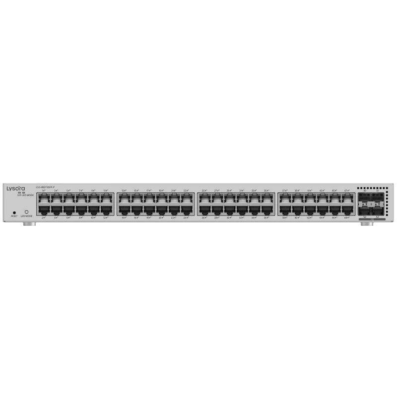 Lysora LS2-48GT4SFP-P 48-Port Layer 2 Managed PoE Switch, front view 1