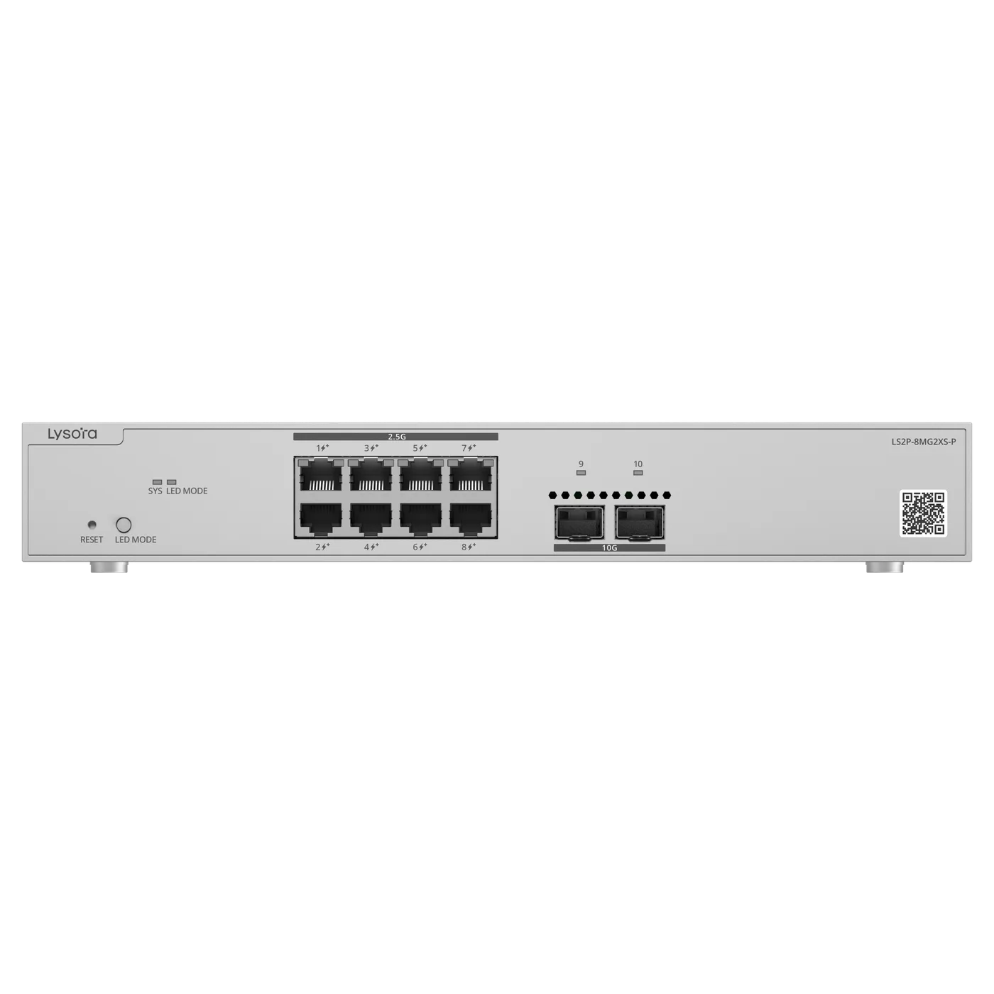 Lysora LS2P-8MG2XS-P 8-Port Multi-Gig Layer 2 Managed PoE Switch, front view 1