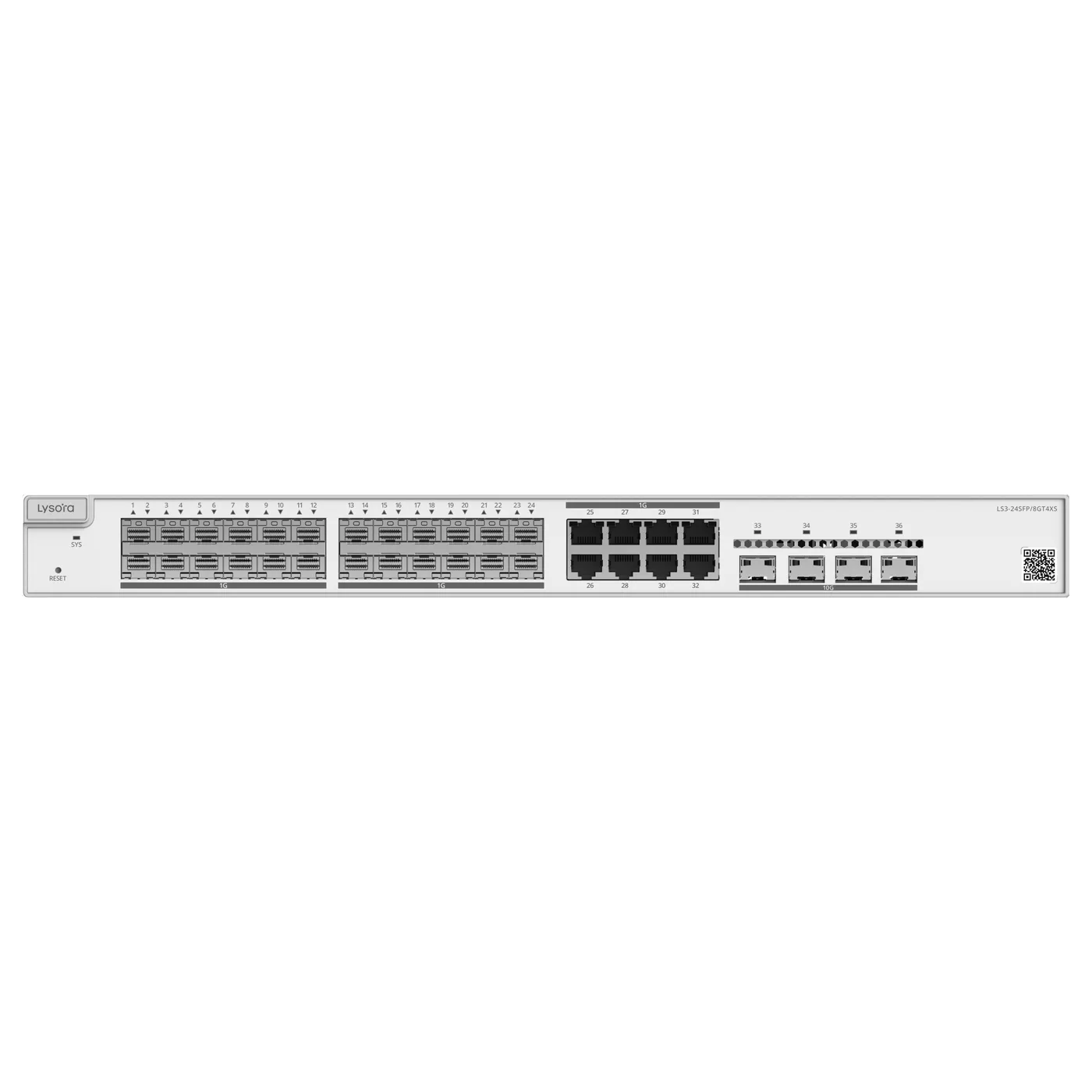 Lysora LS3-24SFP/8GT4XS Layer 3 Managed Switch, front view 1