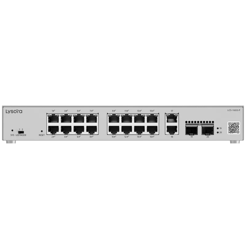 Lysora LCS-16GS-P 16-Port Cloud Managed PoE Switch, front view 1